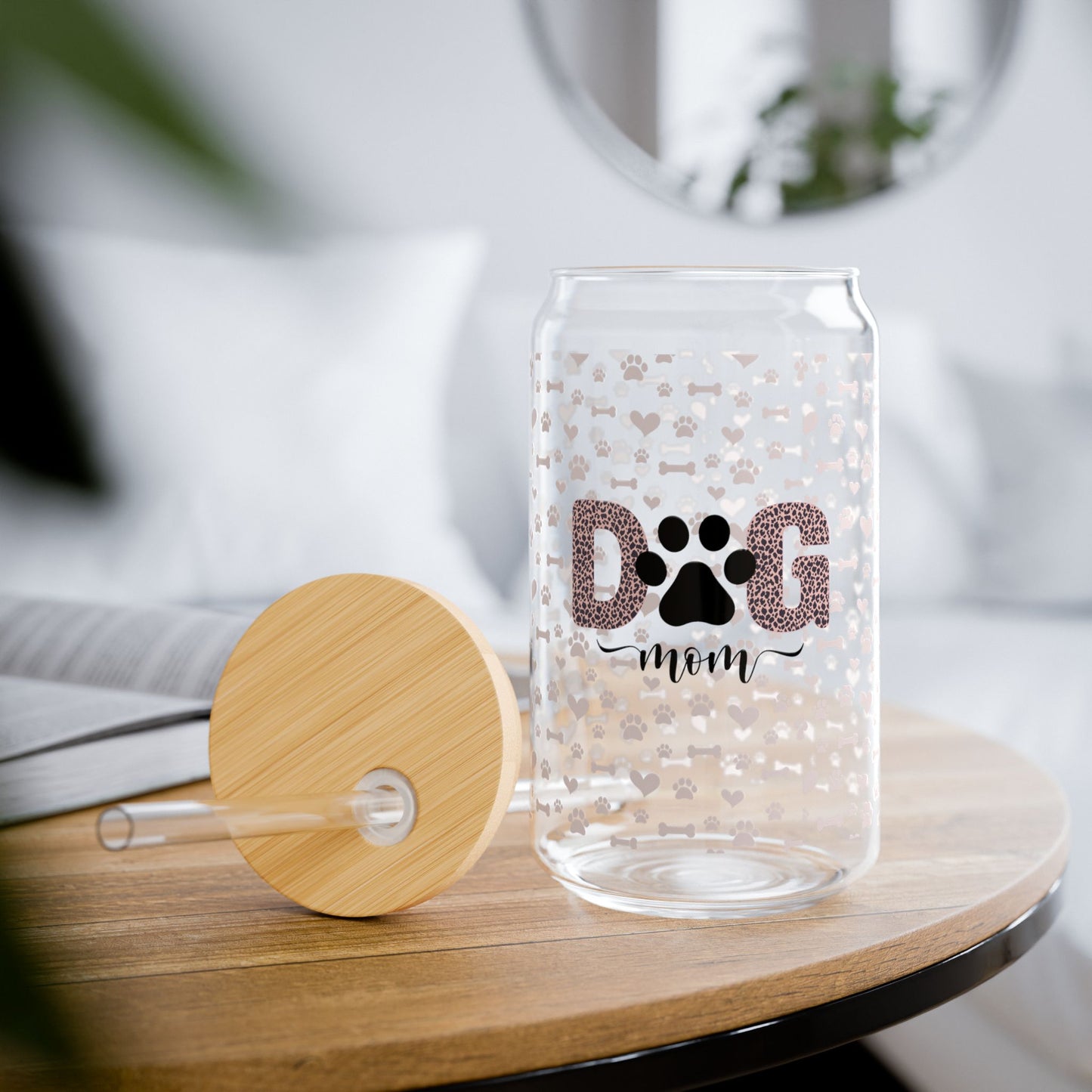 Dog Mom Drinking Glasses with Bamboo Lids and Straw 16 oz.