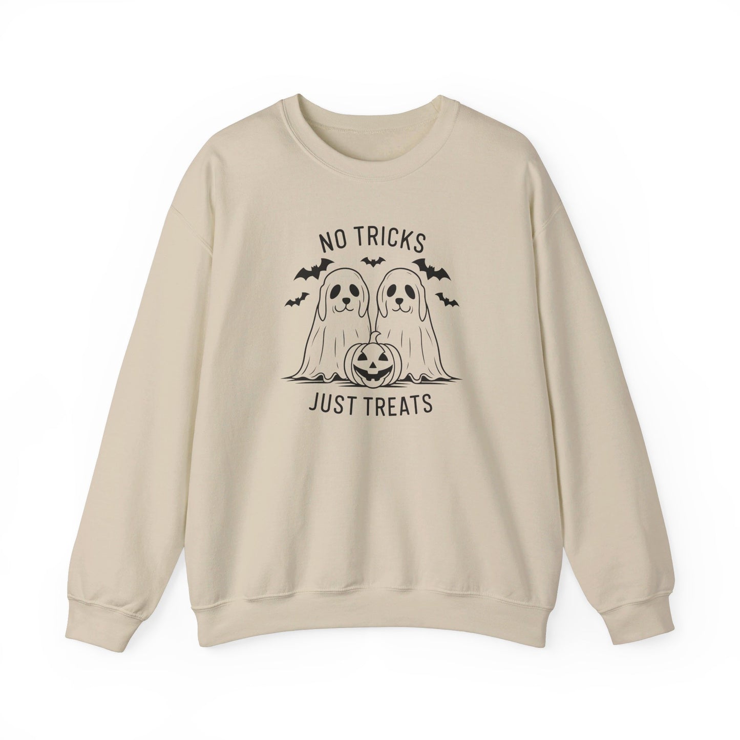 Unisex Halloween Sweatshirt with Ghost Dog & "No Tricks, Just Treats" Slogan