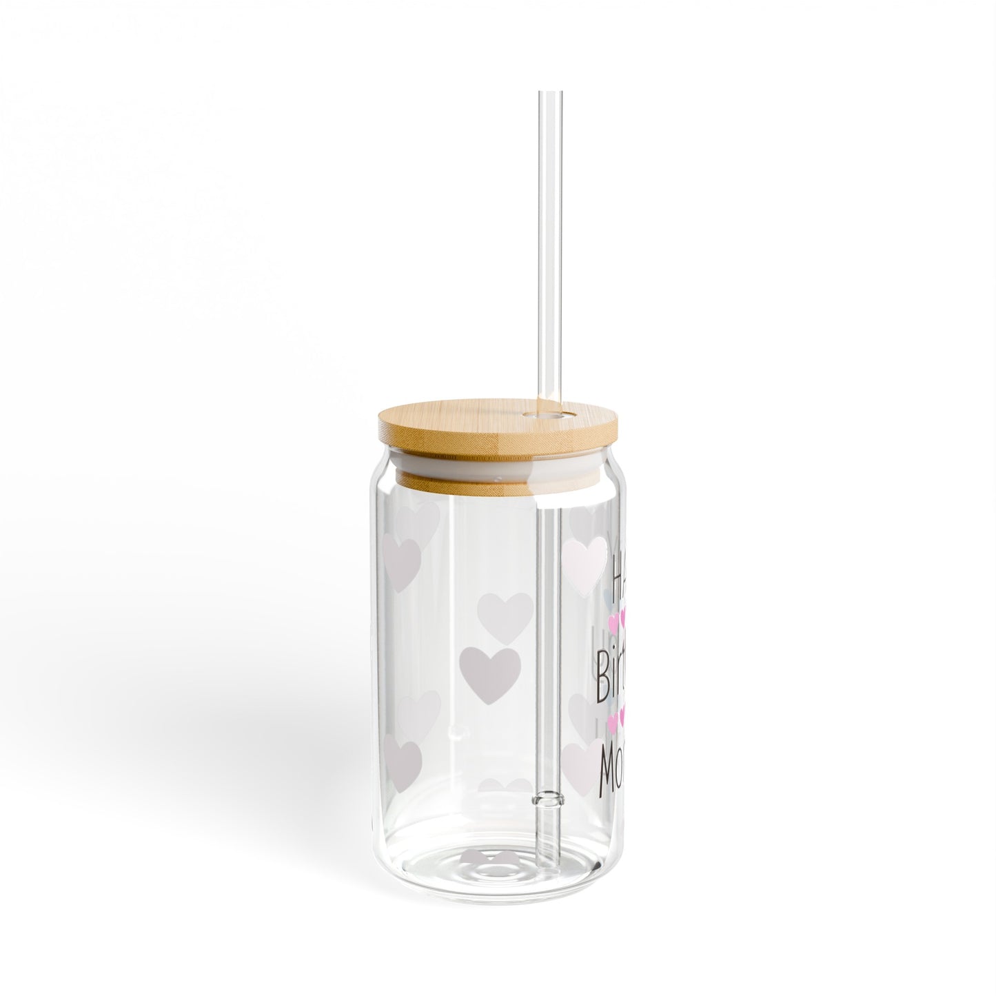 Happy Birthday Mommy Drinking Glass with Bamboo Lids and Straw 16 oz.