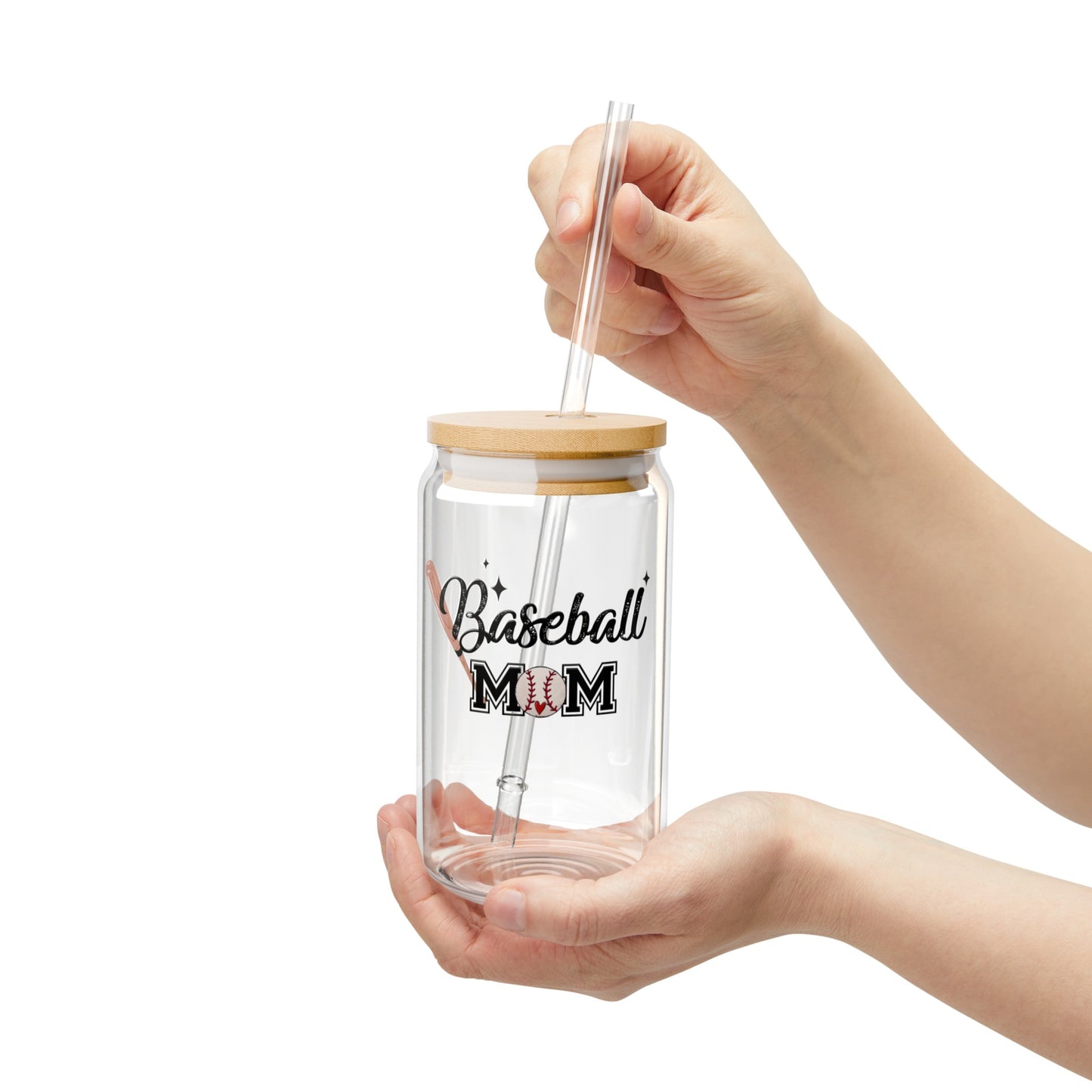 Baseball Mom Drinking Glasses with Bamboo Lids and Straw 16 oz.