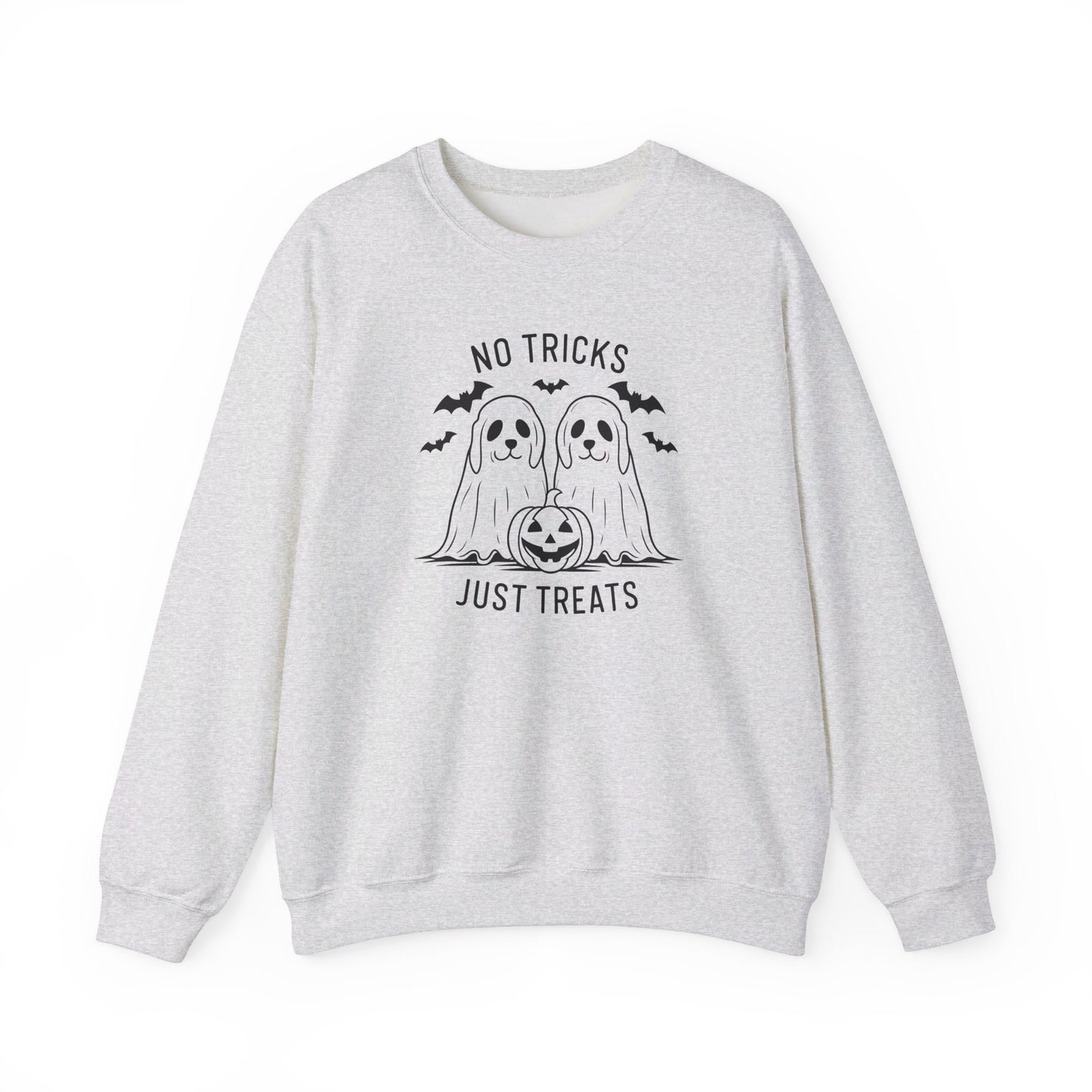 Unisex Halloween Sweatshirt with Ghost Dog & "No Tricks, Just Treats" Slogan