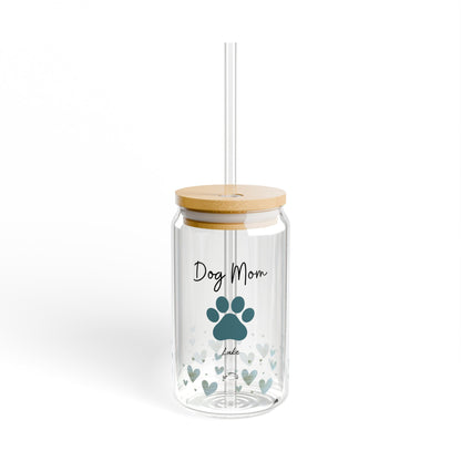 Custom Dog Mom Drinking Glasses with Bamboo Lids and Straw 16 oz with Pet's Name.