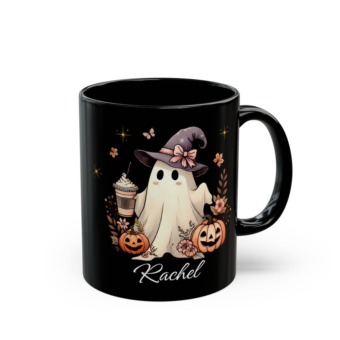 Personalized Halloween Black Ghost Mug. Custom Name Glass for Hot Beverages