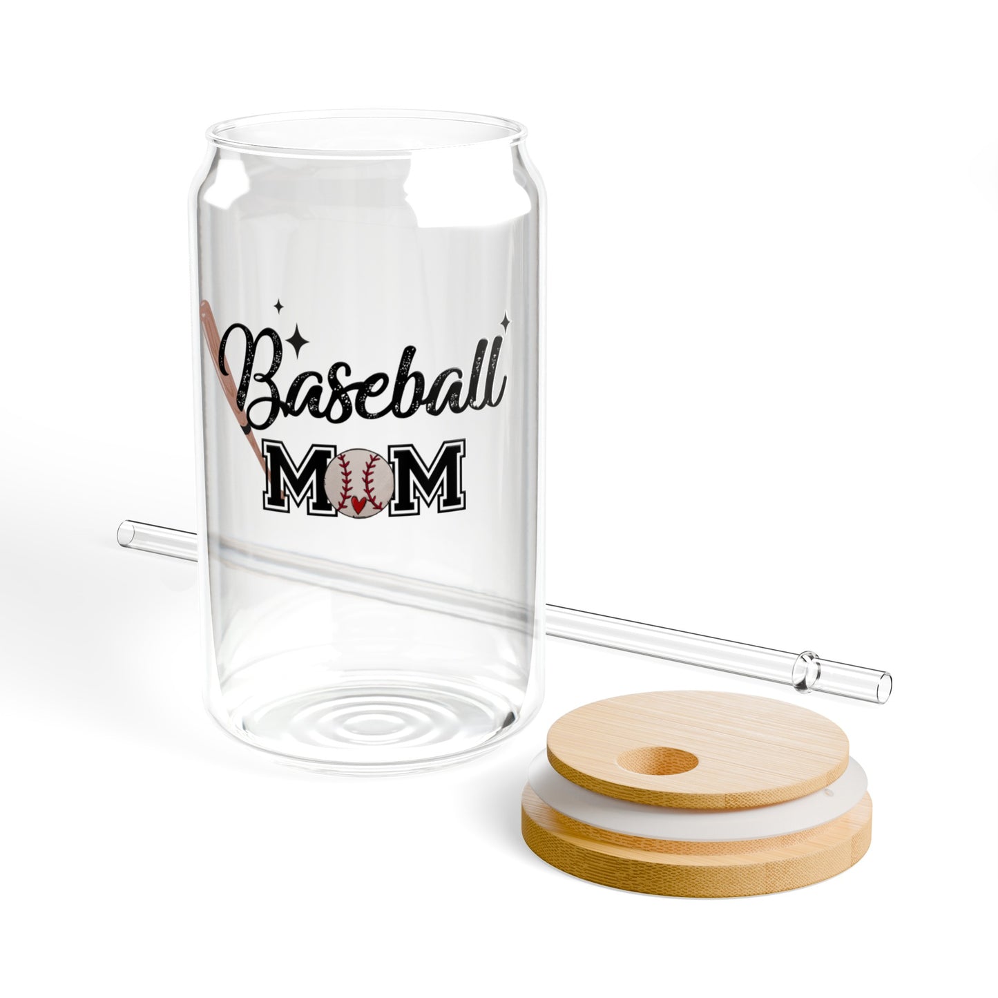 Baseball Mom Drinking Glasses with Bamboo Lids and Straw 16 oz.