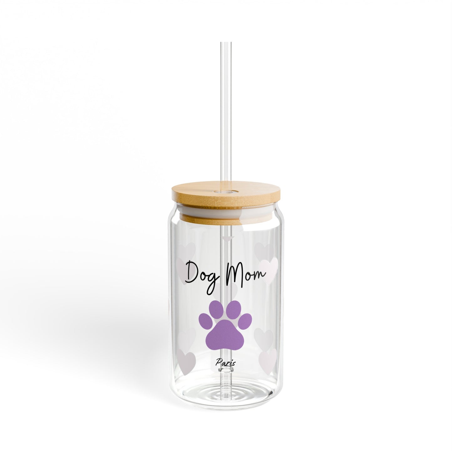 Custom Dog Mom Drinking Glasses with Bamboo Lids and Straw 16 oz With Pet's Name.