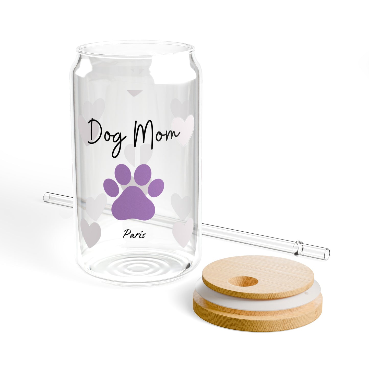 Custom Dog Mom Drinking Glasses with Bamboo Lids and Straw 16 oz With Pet's Name.