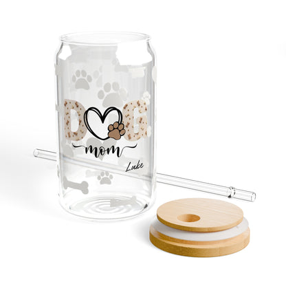 Custom Dog Mom Drinking Glasses with Bamboo Lids and Straw 16 oz.