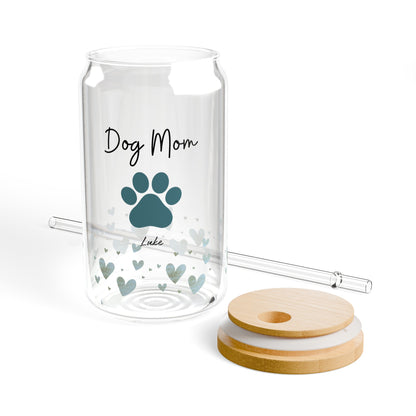 Custom Dog Mom Drinking Glasses with Bamboo Lids and Straw 16 oz with Pet's Name.