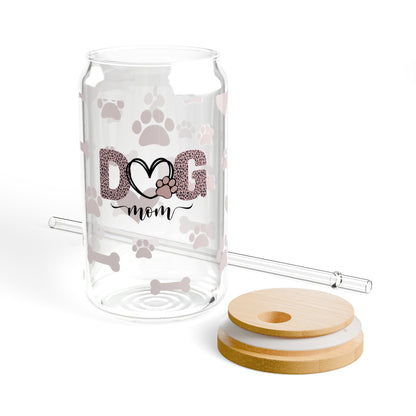 Dog Mom Drinking Glasses with Bamboo Lids and Straw 16 oz.