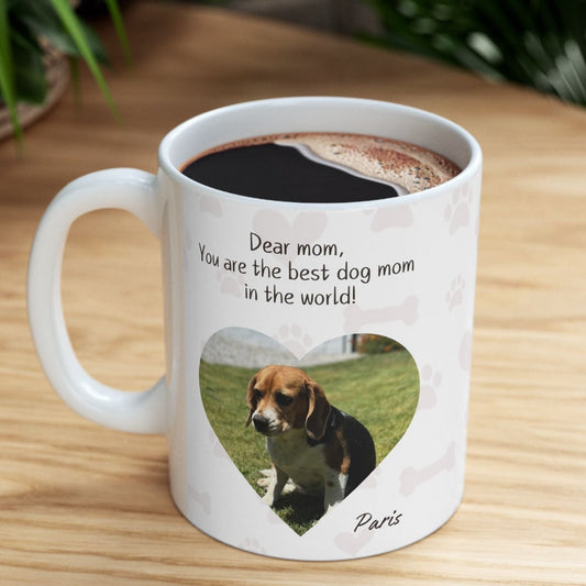 Custom Dear Mom Ceramic Mug 11oz with Pet's Photo and Name.