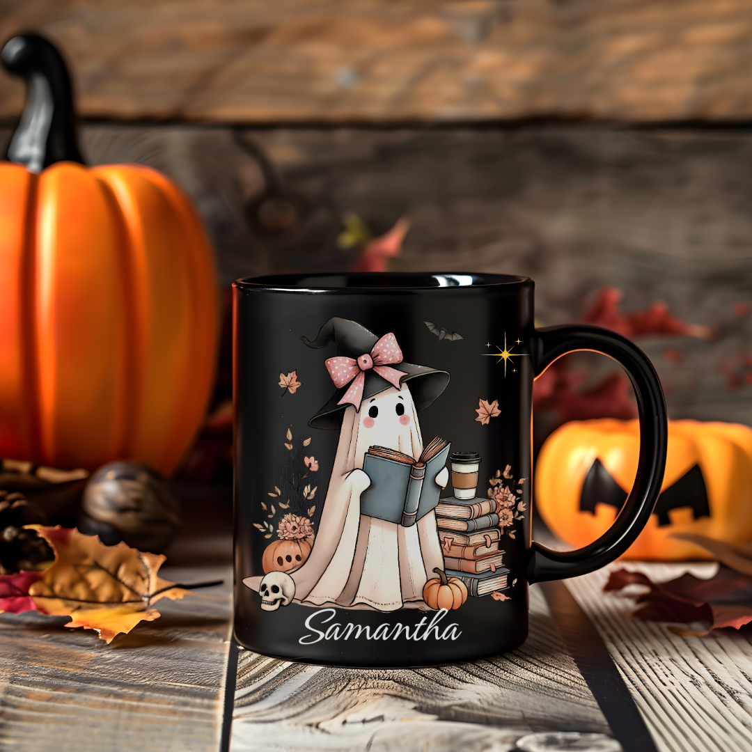 Personalized Halloween Ghost & Books Mug. Custom NamenGlass for Spooky Drinks