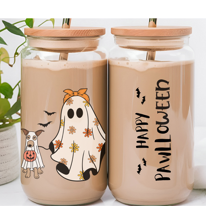 Ghost and Trick-or-Treating Dog Glass with straw 16oz