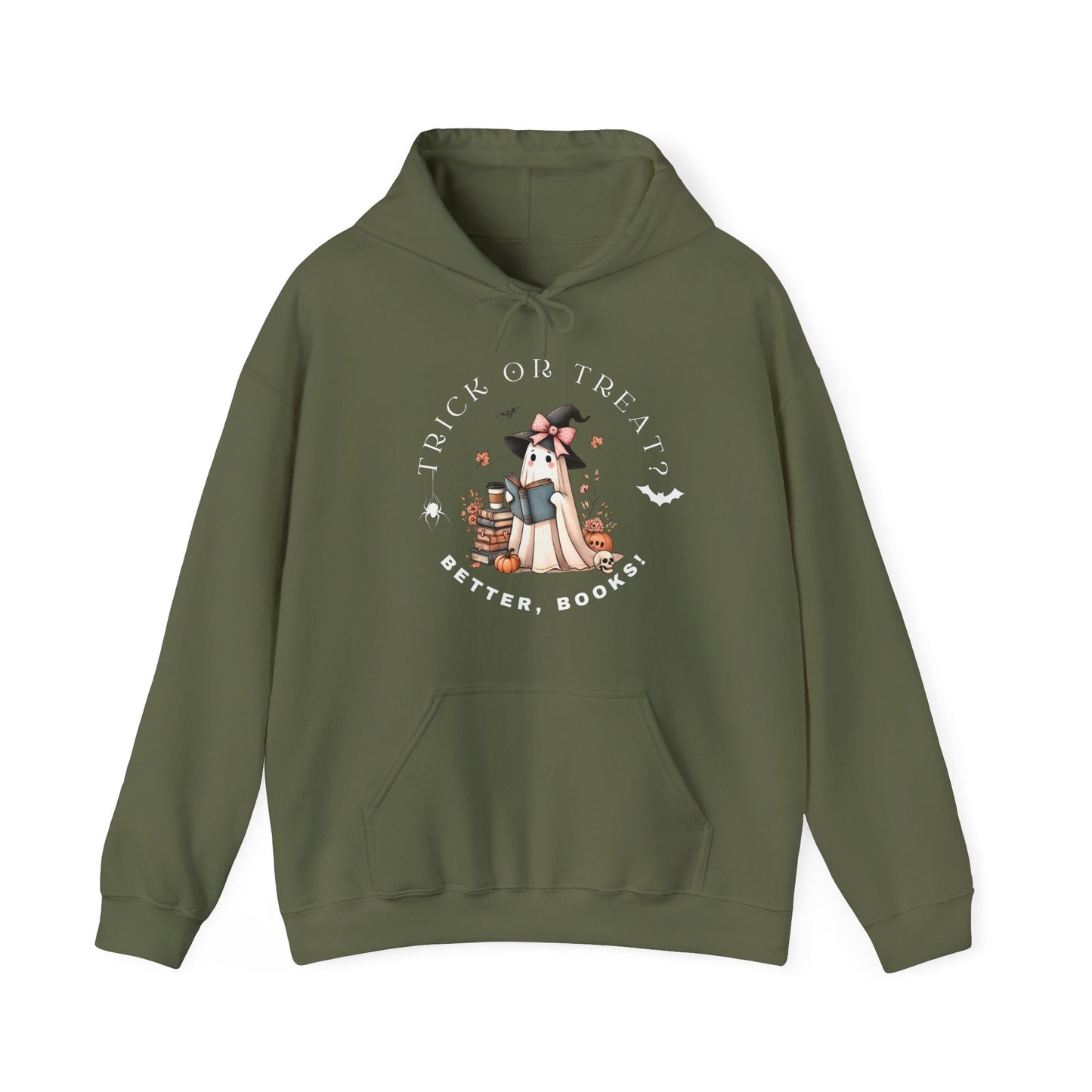 Cozy Halloween Hoodie “Trick or Treat? Better, Books”. Stylish & Festive