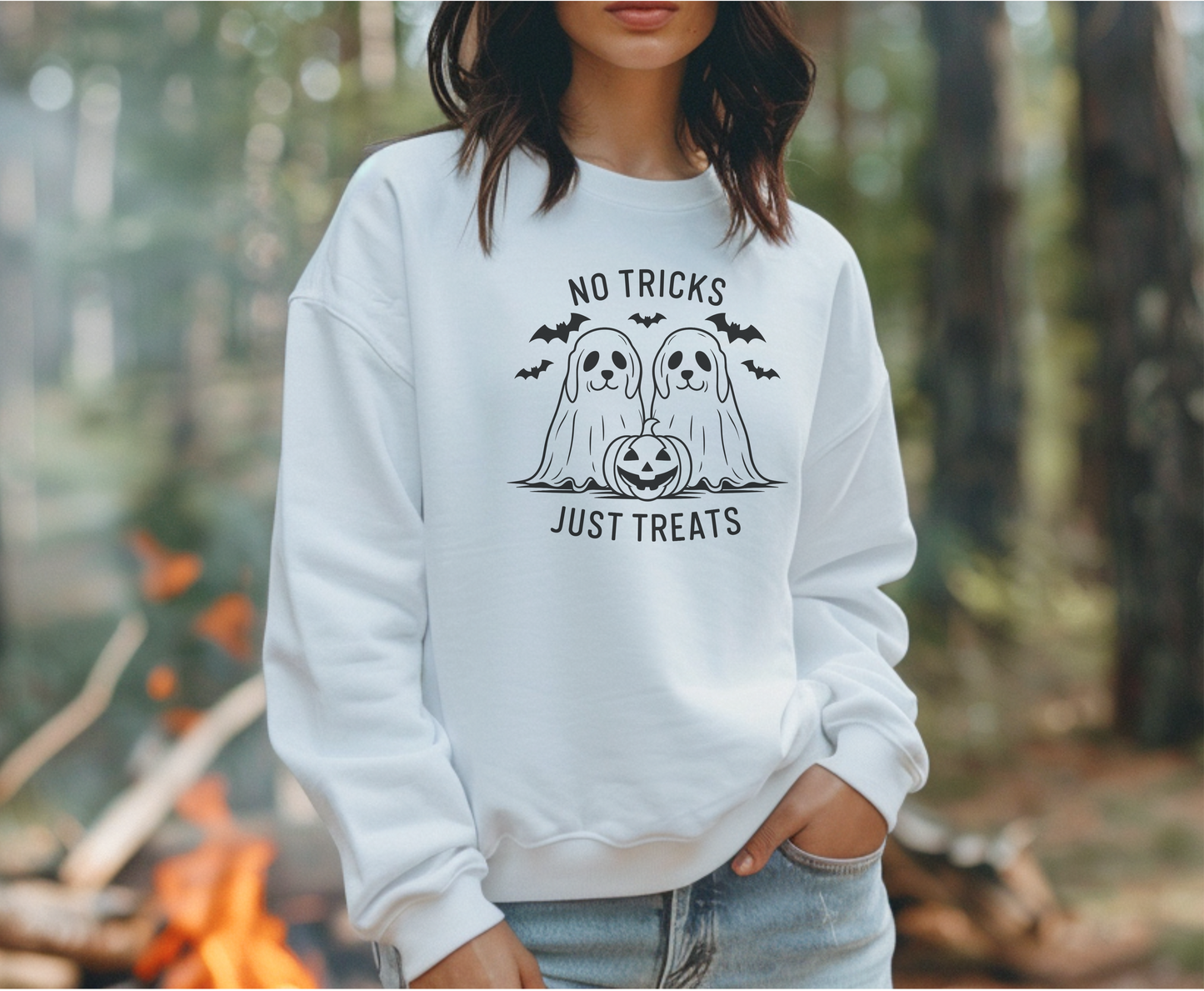 Unisex Halloween Sweatshirt with Ghost Dog & "No Tricks, Just Treats" Slogan