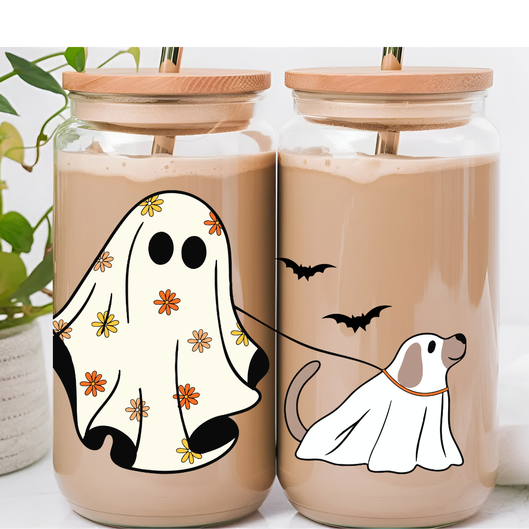 Spooky Ghost & Dog Halloween Glass with straw 16 oz