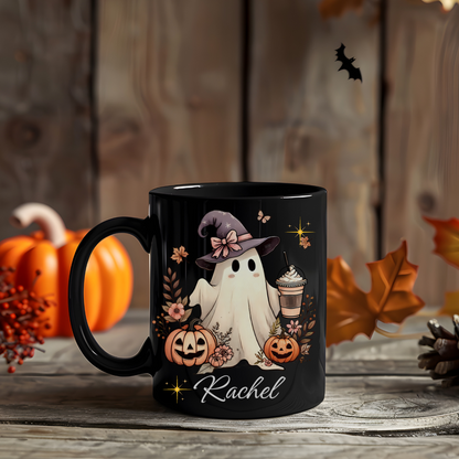 Personalized Halloween Black Ghost Mug. Custom Name Glass for Hot Beverages