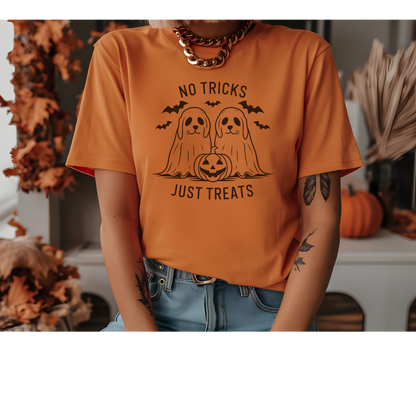 Unisex Halloween "No Tricks, Just Treats" T-Shirt with Dogs.