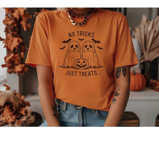 Unisex Halloween "No Tricks, Just Treats" T-Shirt with Dogs.