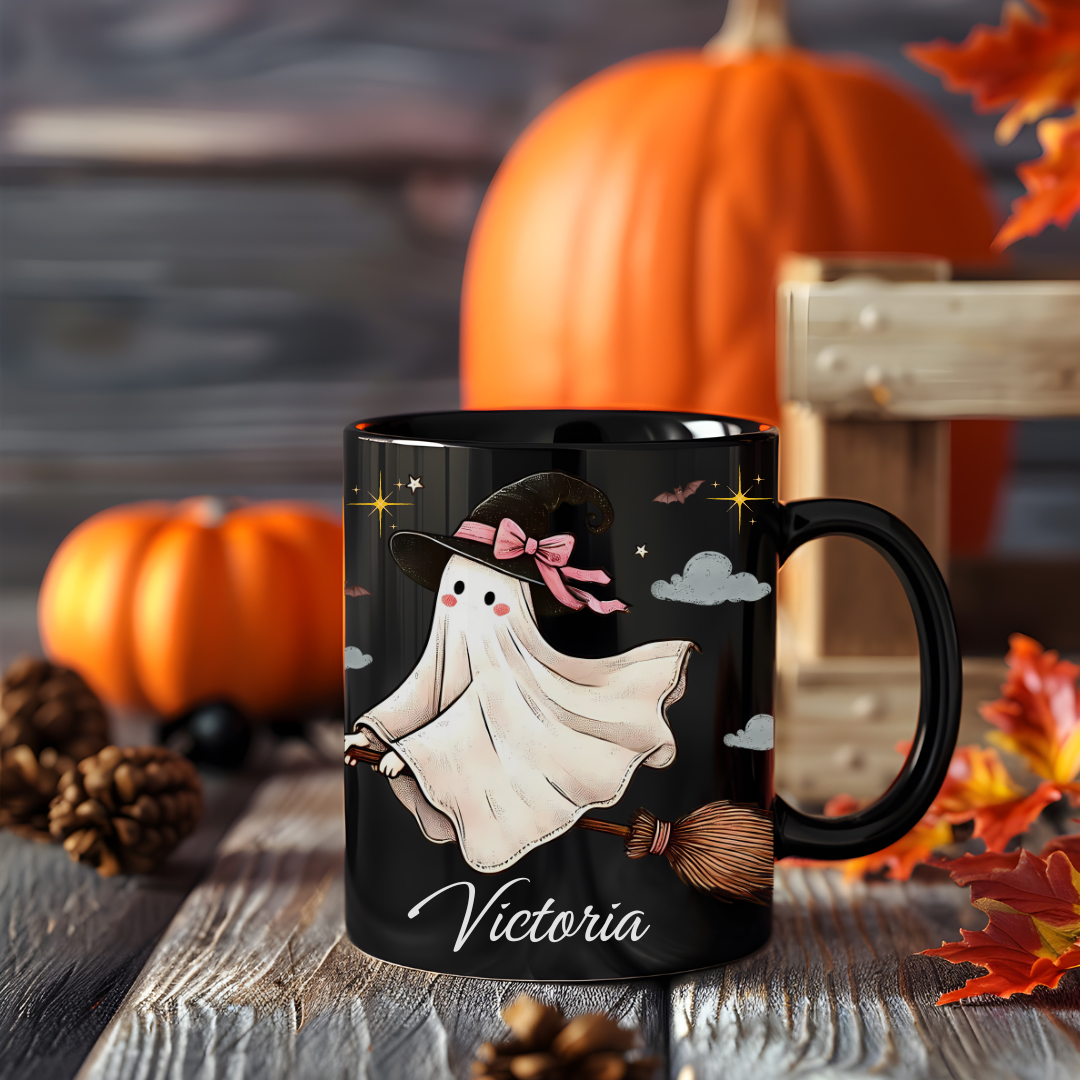 Custom Name Halloween Ghost Mug. Personalized Glass Drinkware