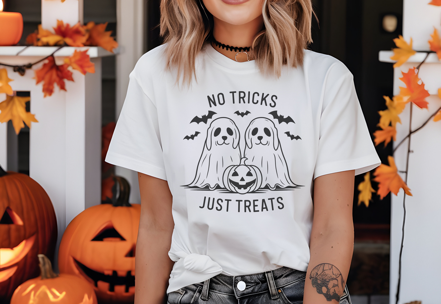 Unisex Halloween T-Shirt with Ghost Dogs & "No Tricks, Just Treats" Slogan