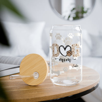 Custom Dog Mom Drinking Glasses with Bamboo Lids and Straw 16 oz.