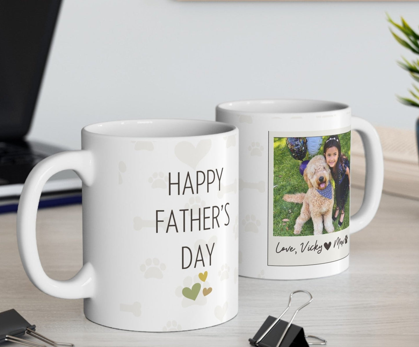 Custom Fathers Day Ceramic Mug, 11oz with Pet's and Kids Photo.