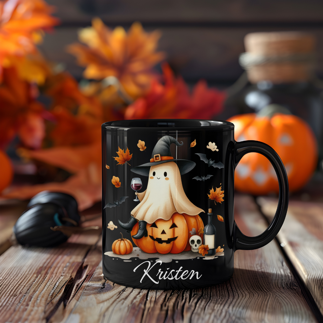 Custom Name Halloween Ghost Mug 11 oz. Personalized Glass for Hot Drinks