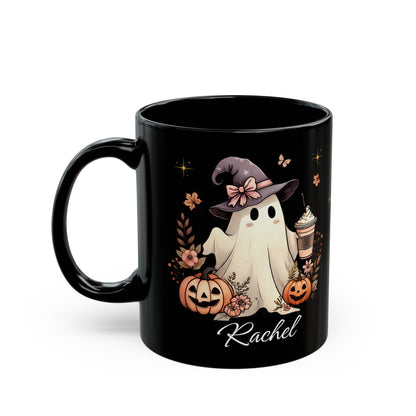 Personalized Halloween Black Ghost Mug. Custom Name Glass for Hot Beverages