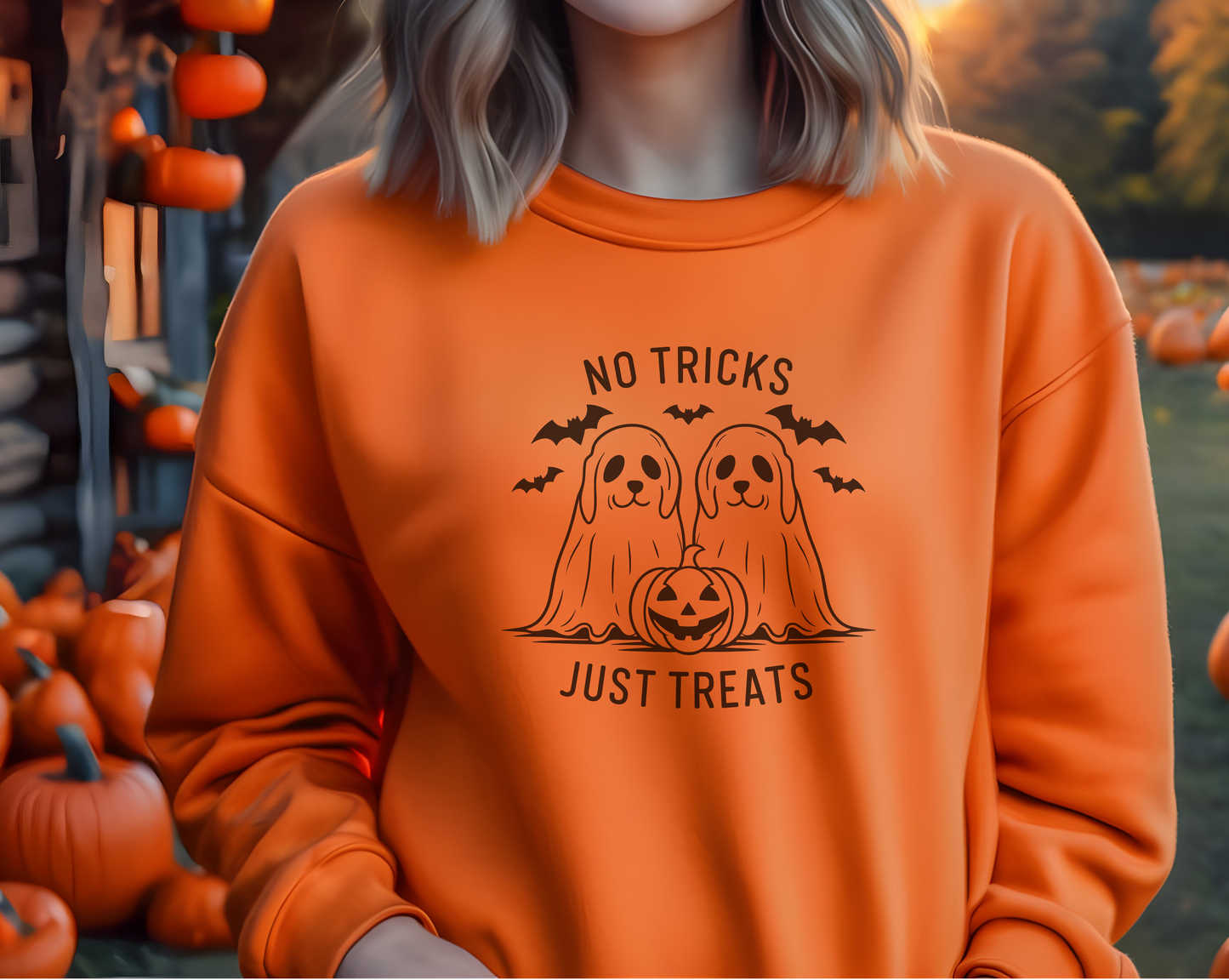 Unisex Halloween Sweatshirt with Ghost Dog & "No Tricks, Just Treats" Slogan