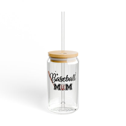 Baseball Mom Drinking Glasses with Bamboo Lids and Straw 16 oz.