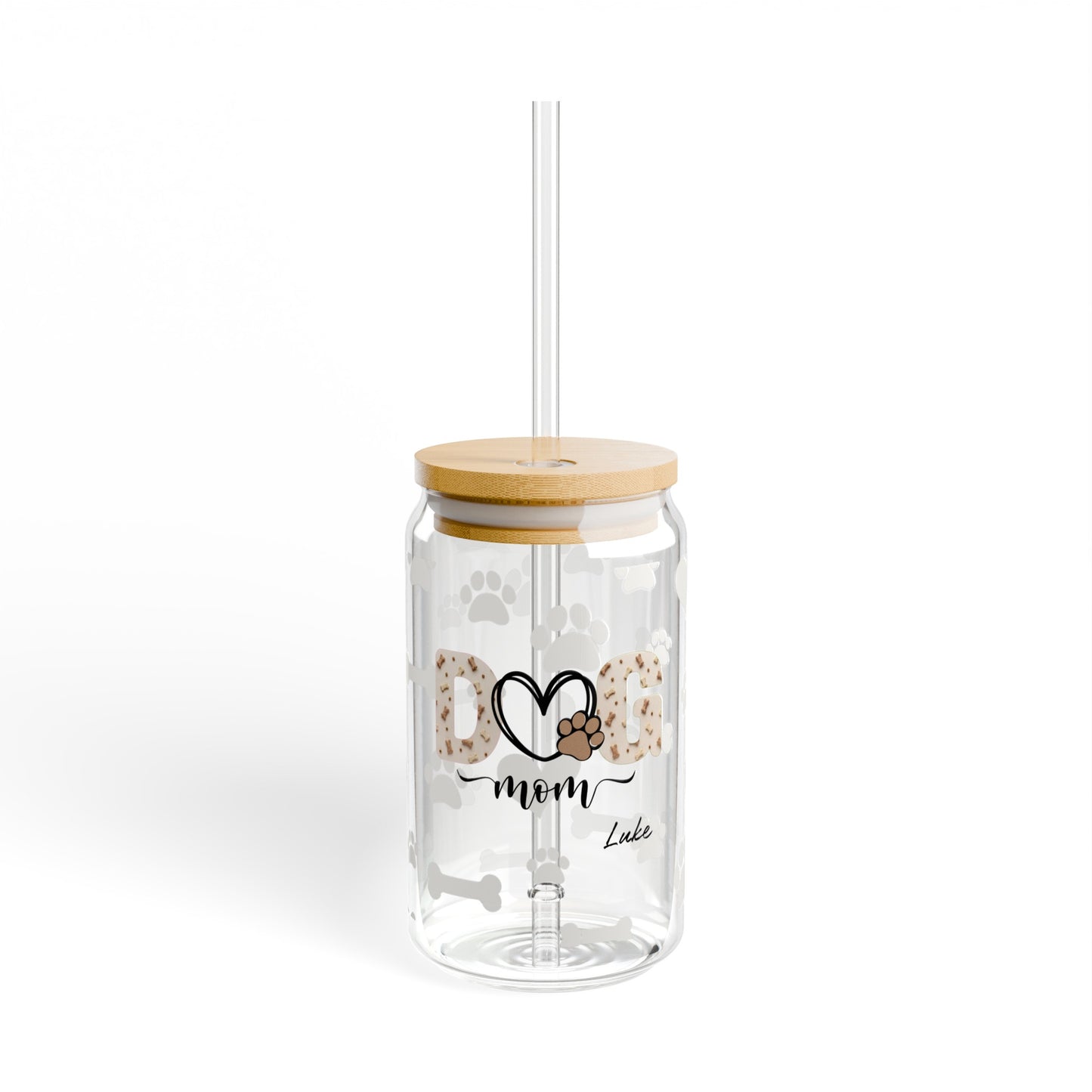 Custom Dog Mom Drinking Glasses with Bamboo Lids and Straw 16 oz.