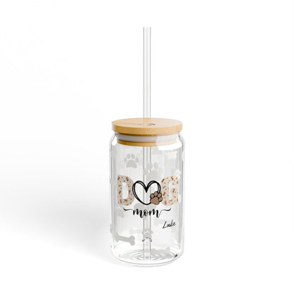 Custom Dog Mom Drinking Glasses with Bamboo Lids and Straw 16 oz.