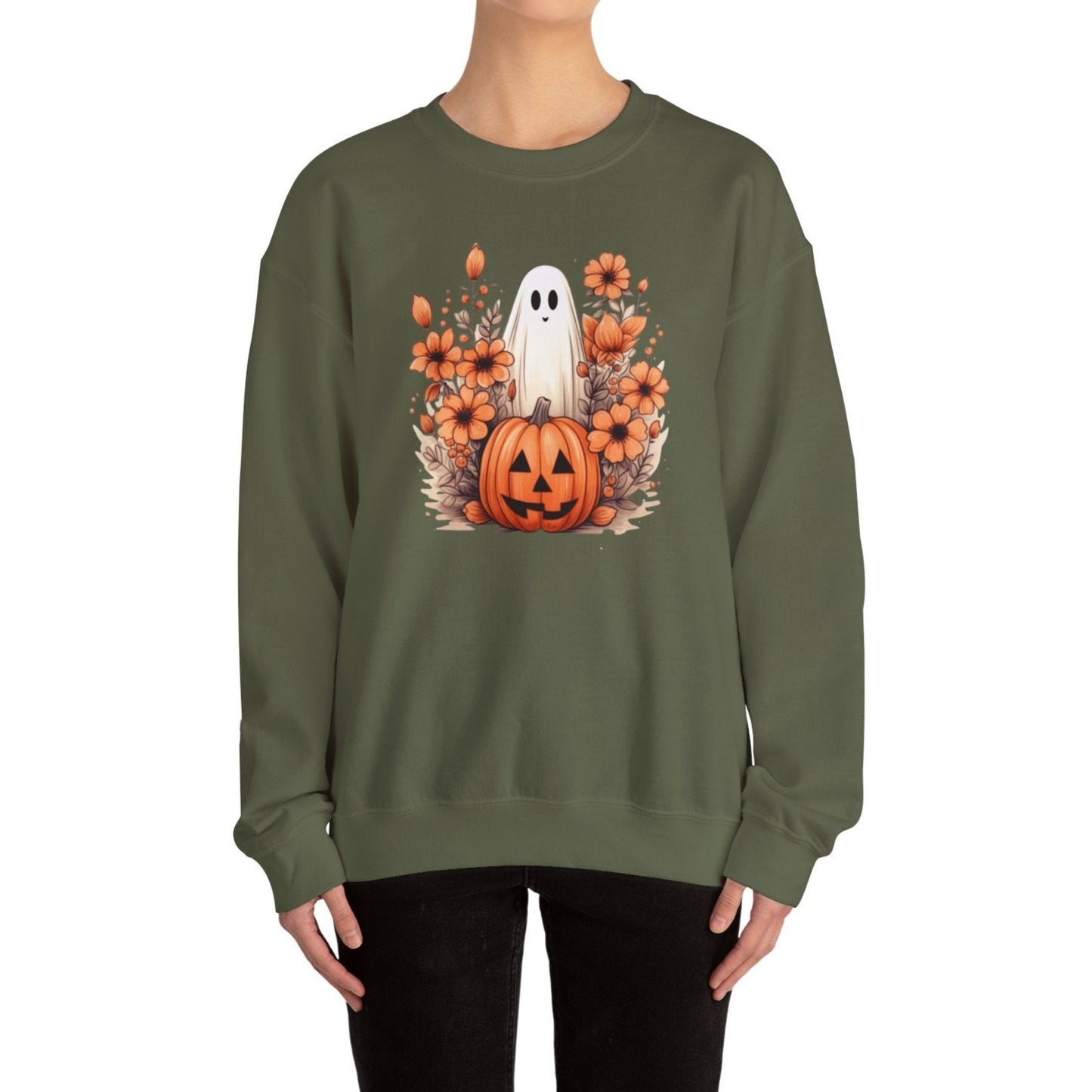 Cozy Halloween Sweatshirt Ghost & Pumpkin Design