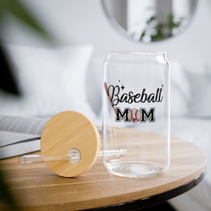 Baseball Mom Drinking Glasses with Bamboo Lids and Straw 16 oz.