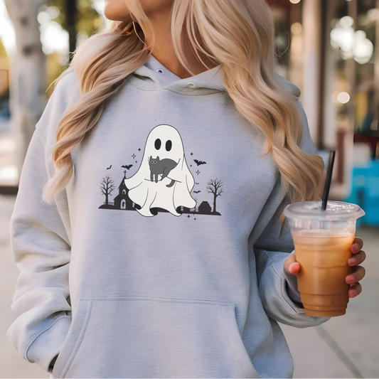 Ghost & Cat Halloween Hoodie | Fun & Cozy Style