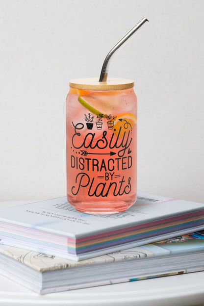 Distracted by Plants Glass Can Style 16 oz. Perfect for Plant Lovers