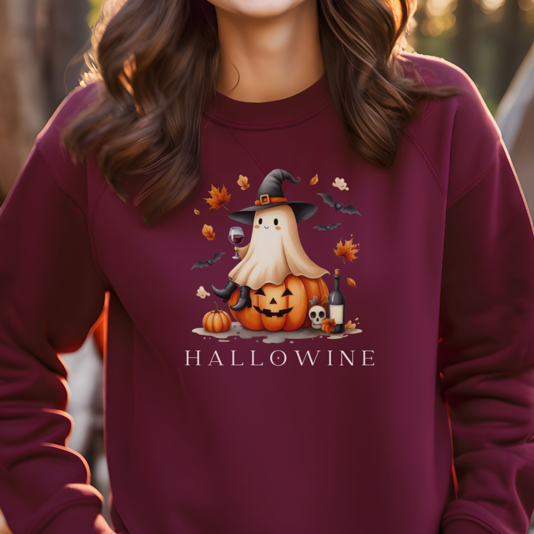 Hallowine Ghost and Wine Crewneck Sweatshirt | Cozy Halloween Apparel