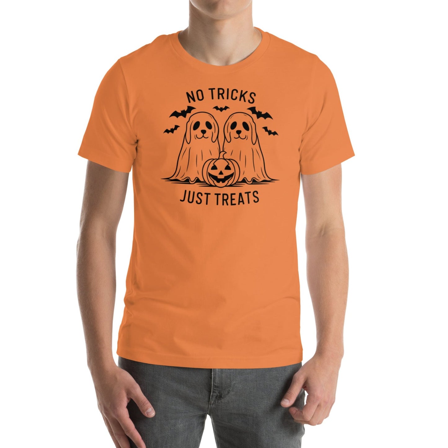 Unisex Halloween "No Tricks, Just Treats" T-Shirt with Dogs.